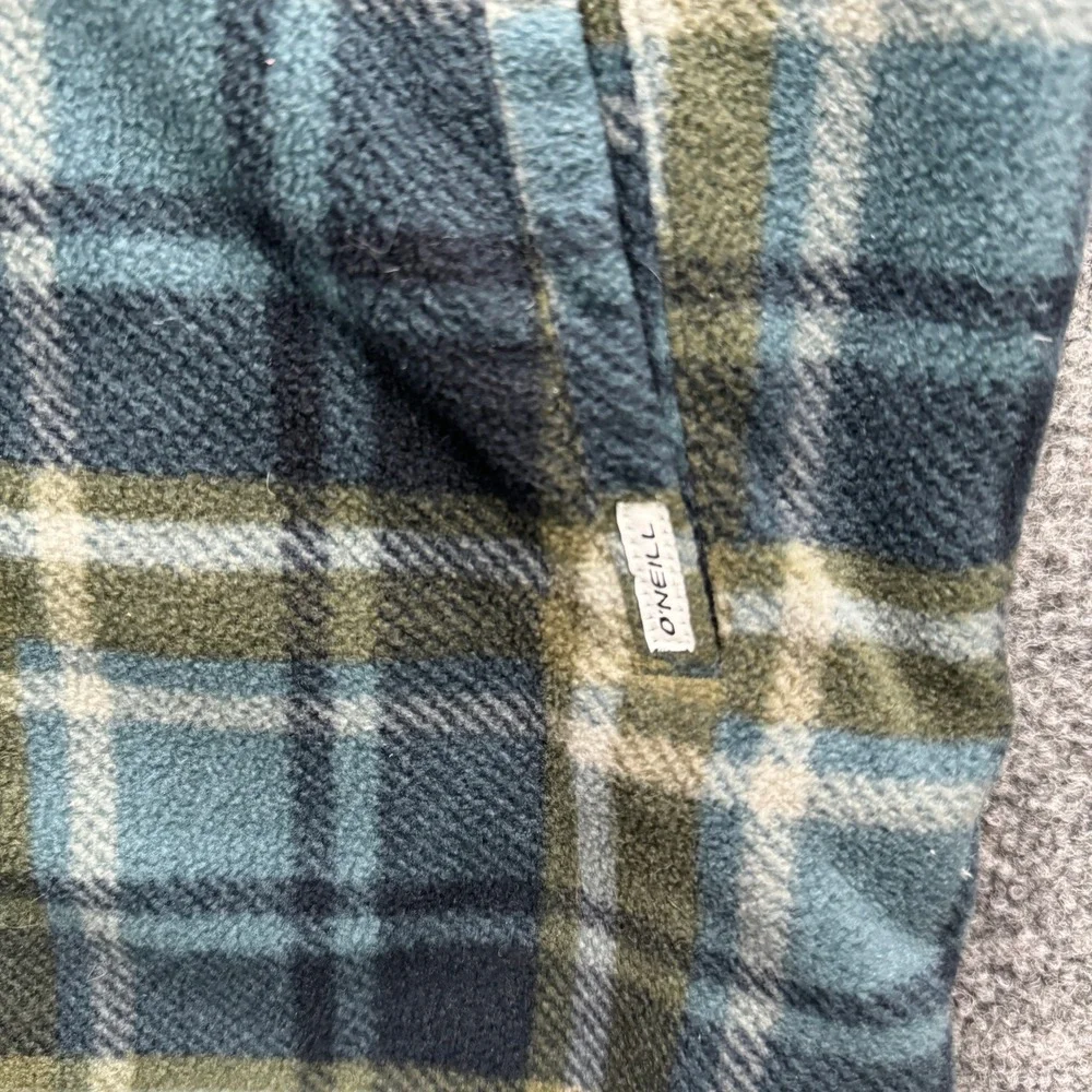 O'Neill Plaid Fleece Hoodie Mens Large Blue Green Quarter Zip Outdoor Fleece